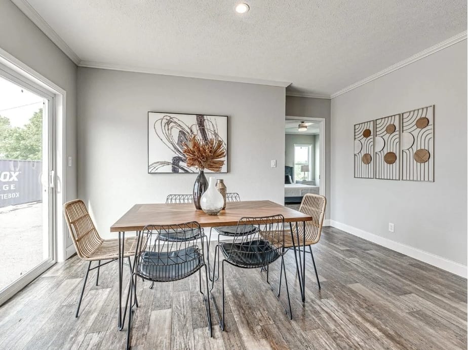 Interior view of a dining room in a modular home located in Iowa