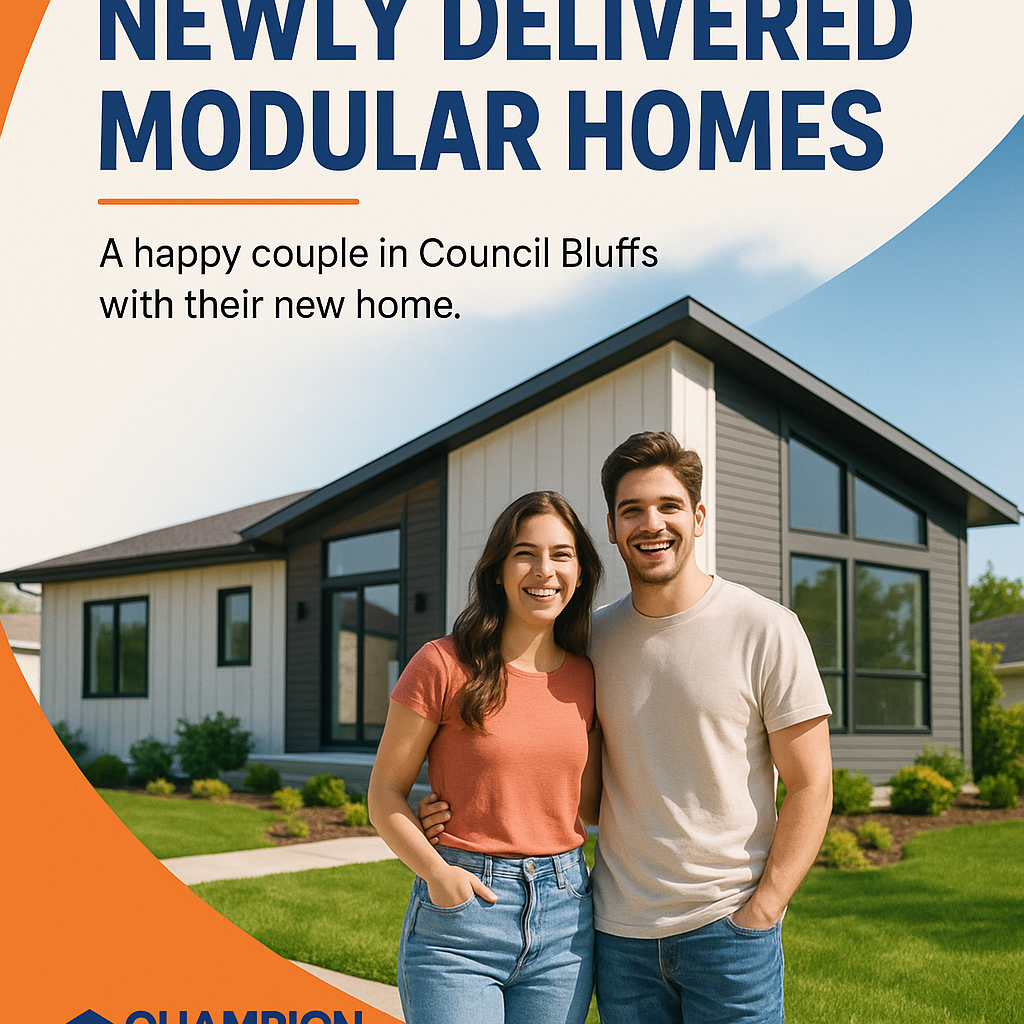 Young couple in front of a new modular home by Champion Homes in Council Bluffs.
