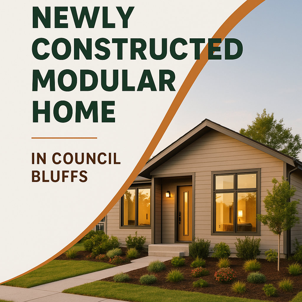 A modern modular home in Council Bluffs with a landscaped front yard and large windows under a clear sky.