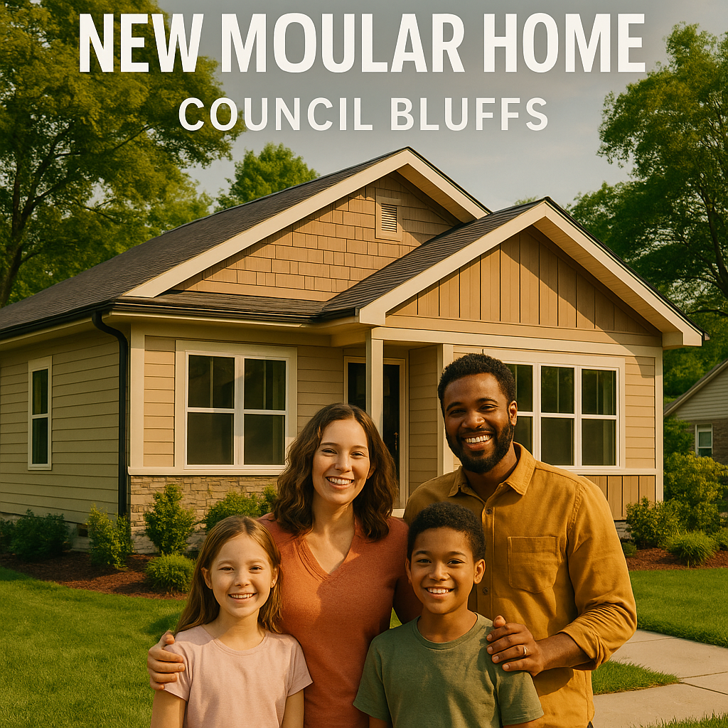 Family standing in front of a modular home in Council Bluffs