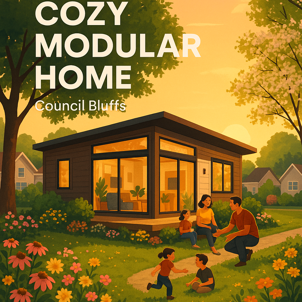 A modular home in a suburban Council Bluffs neighborhood with a family in the front yard.
